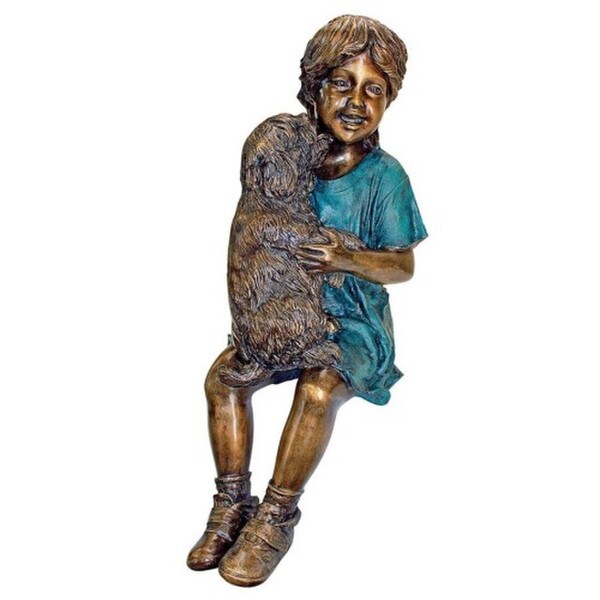 Puppy Kisses Sitting Girl Cast Bronze Garden Statue with Dog on Lap